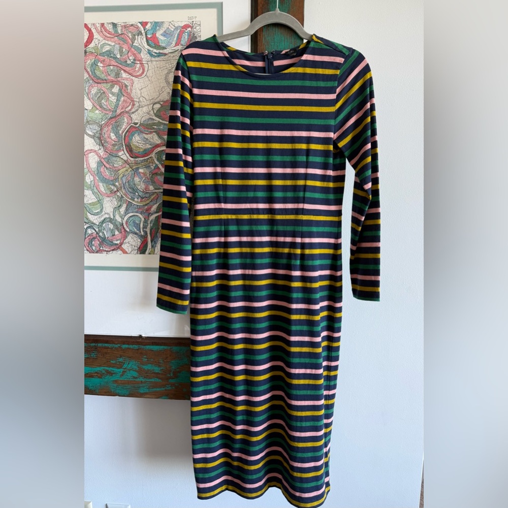 J. Crew Navy Striped Knit Dress with Pink, Green & Mustard Accents